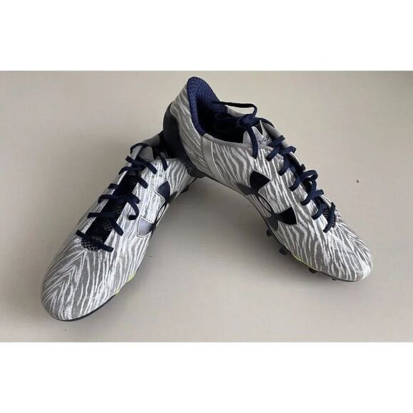 UNDER ARMOUR UA SPOTLIGHT Low Football Cleats Blue Sliver Tiger Stripes Sz 13.5 - Picture 1 of 8
